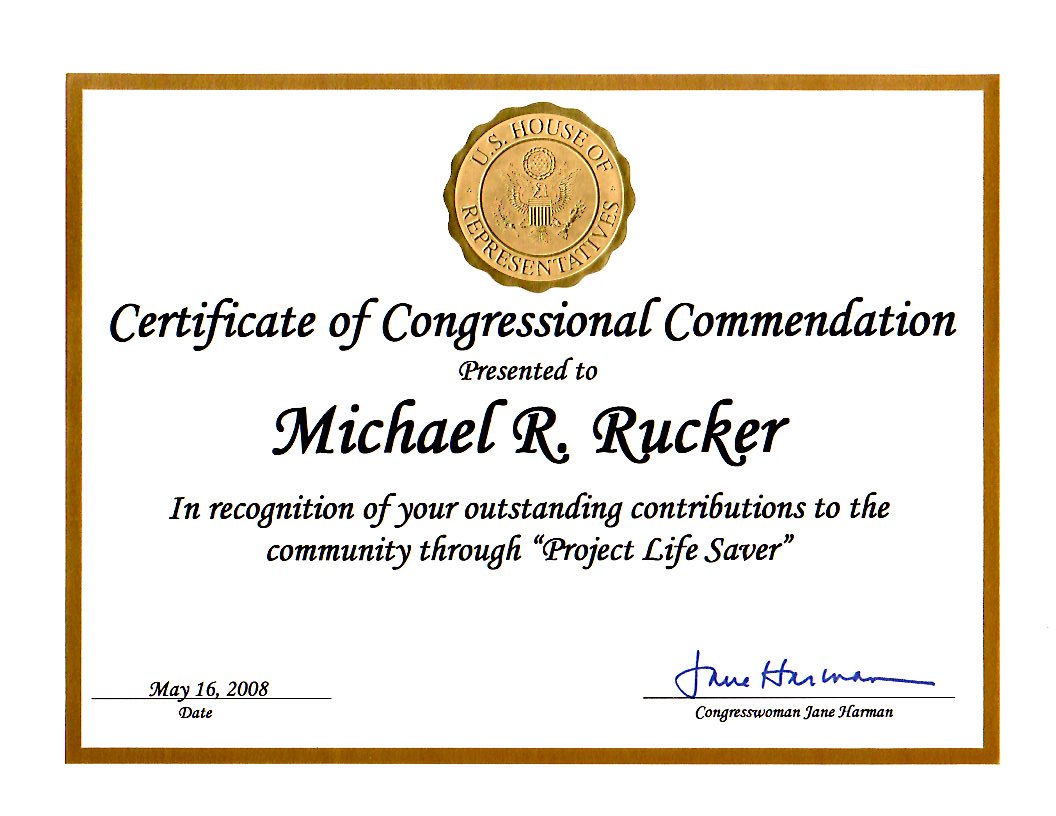 Certificate of Congressional Commendation for Michael Rucker