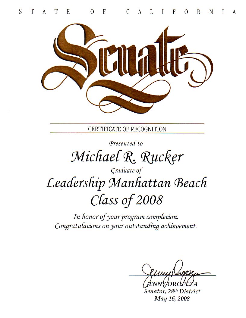 Certificate of Recognition from the California State Senate for Michael Rucker